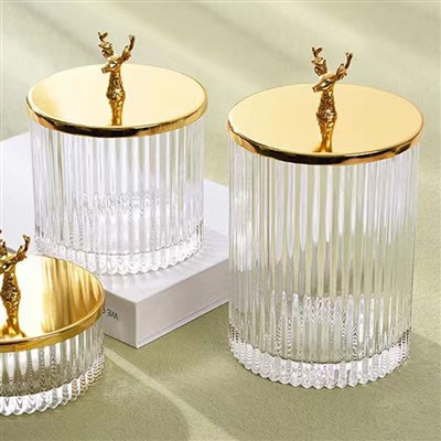 Toples Penyimpanan Kaca Bergaris Vertikal Transparan Dengan Tutup Emas