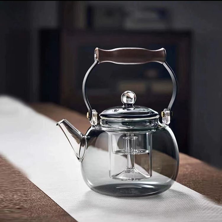 Teko Kaca Abu-abu Padat Kaca Kelas Tinggi Dengan Pegangan, Kompor Tahan Panas Dan Teko Aman Microwave Dengan Infuser Yang Dapat Dilepas Untuk Teh Sore, Teko Elegan 20OZ Untuk Tamu Kantor